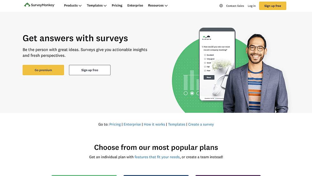 The home page of Survey Monkey