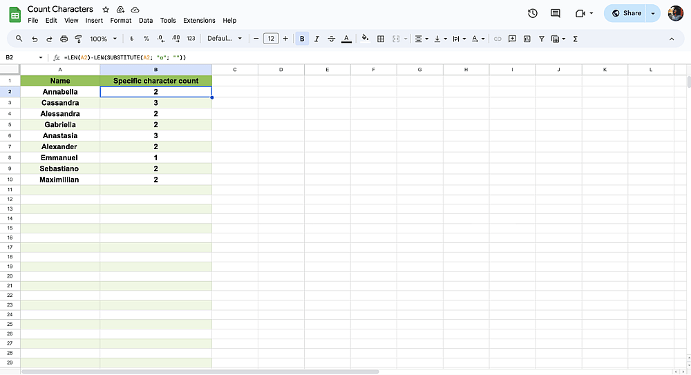 Conteo de caracteres específicos en Google Sheets