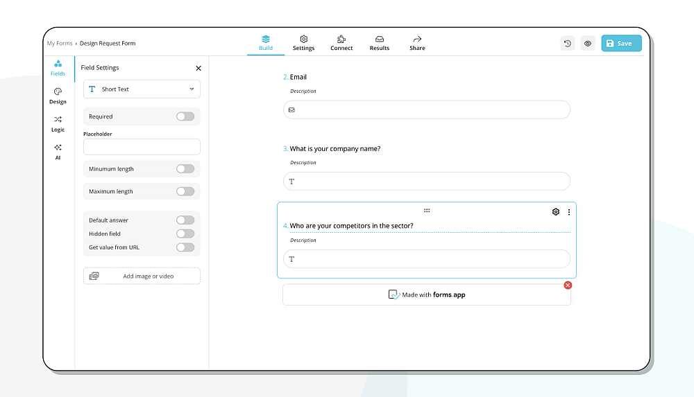 Add questions to your design request form