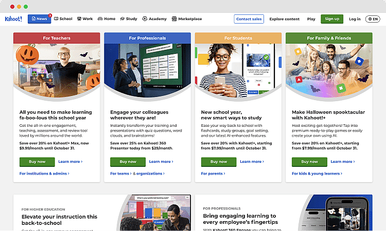 The homepage of Kahoot