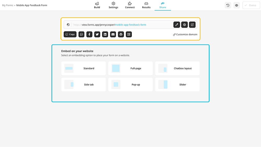 Choose a sharing method to show your survey on your app