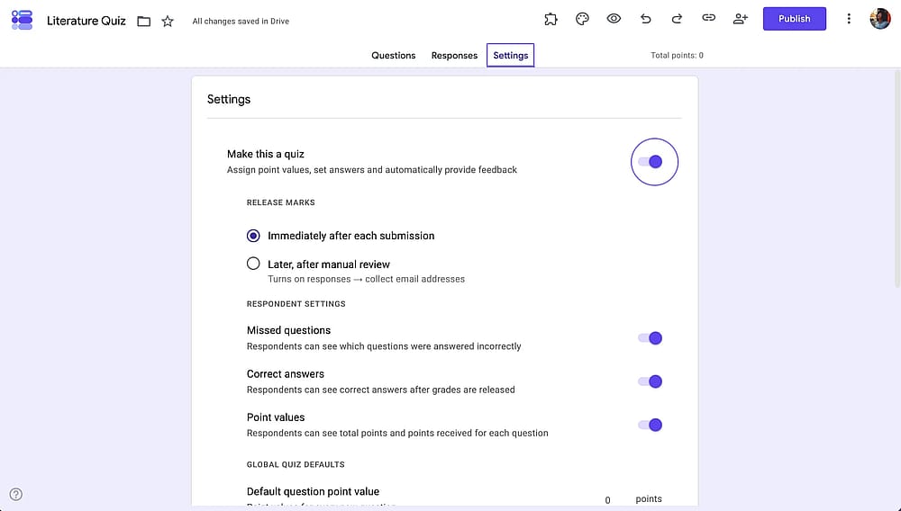 Toggle the quiz button