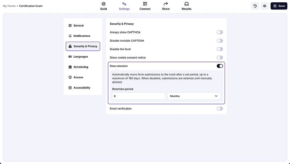 The data retention setting on forms.app, toggled on and set to 6 months