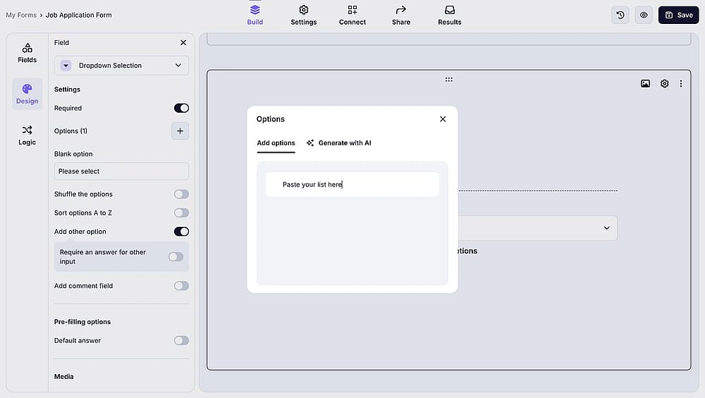 An image showing how you can paste a list of options to your field by opening the field settings