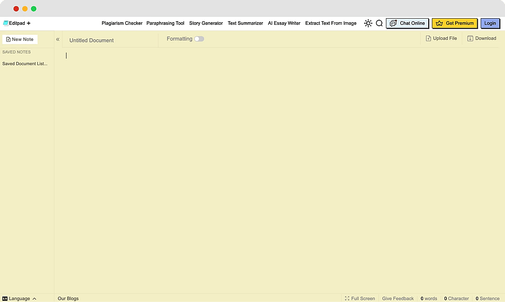 The homepage of Editpad