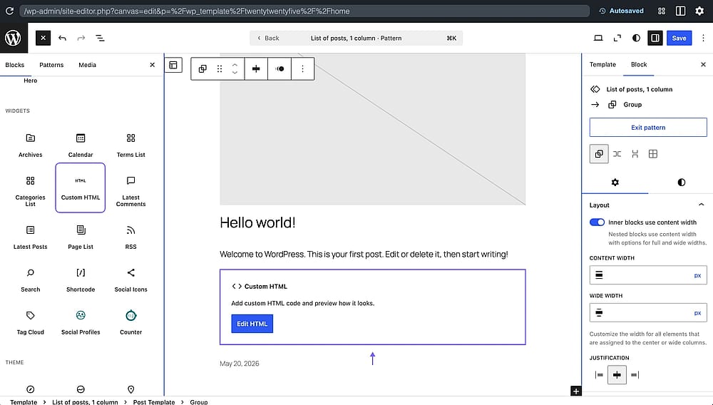 Cliquez sur HTML personnalisé