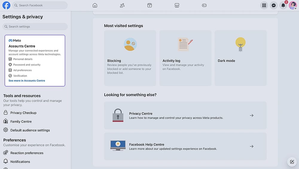 An image showing the “Accounts Center” on your Dashboard, which allows you to access your personal details