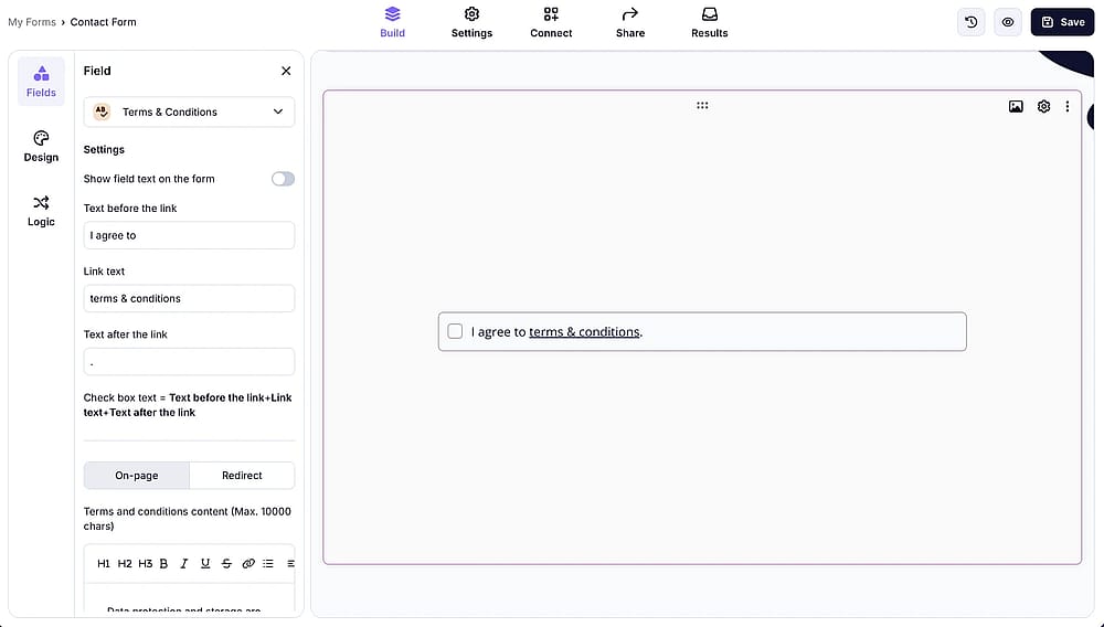 Adjust Terms and Conditions settings