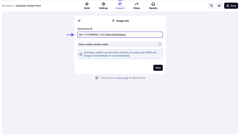 An image showing the area from the “Connect” section where you will be able to paste your conversion ID