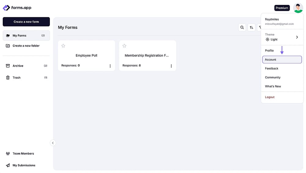 A zoomed in image showing the account item on the profile menu