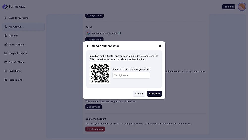 An image showing the pop-up which allows you to send the authentication code to your email from the left, and the pop-up where you need to enter the code received from the right