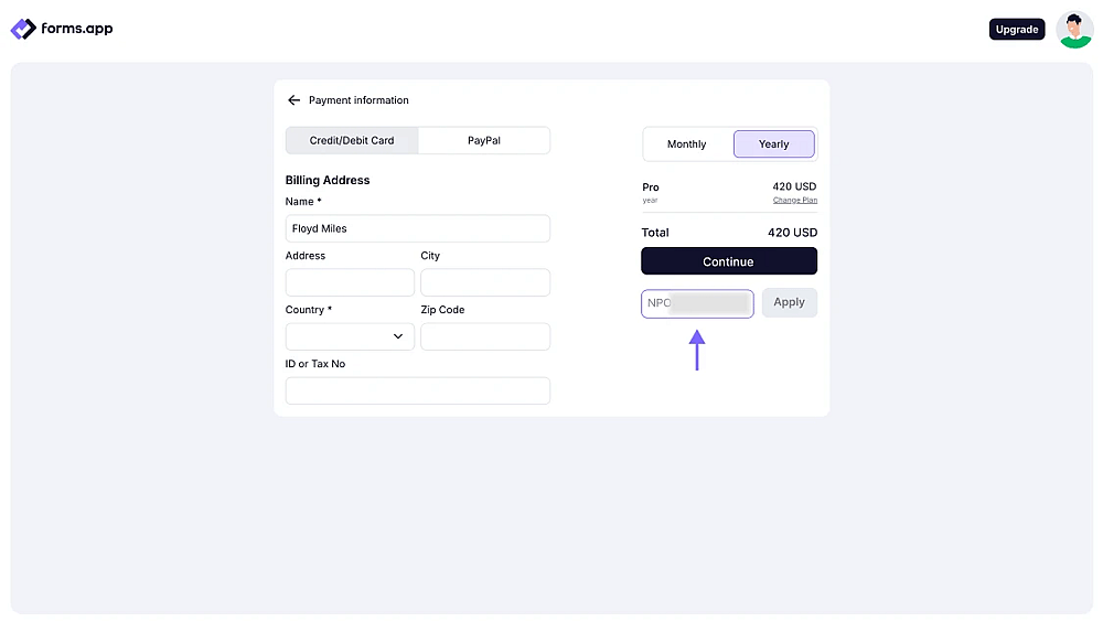 An image showing the area where you need to enter the discount code, in case you have one, to get the plan for a lower price