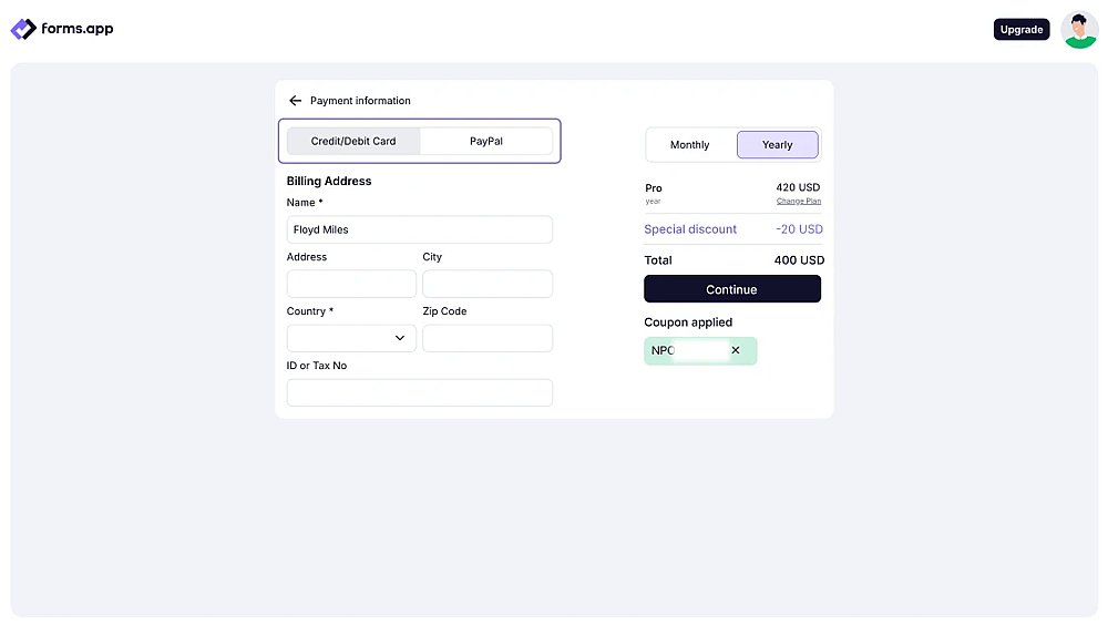 An image showing the payment options (Credit/Debit Card and PayPal) you have, and where you can select them