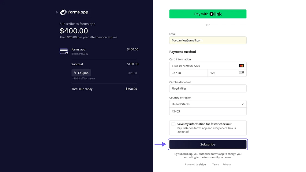 An image showing the checkout page where you will need to enter your card details and press the “Subscribe“ button in the end
