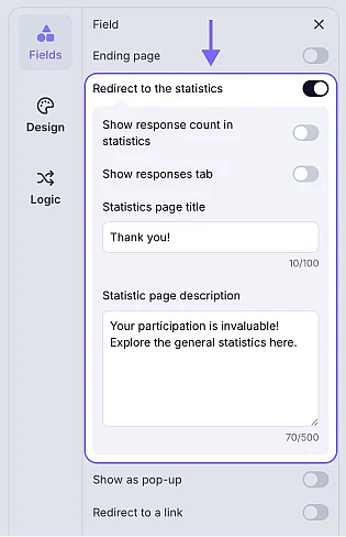 An image showing the Redirect to the statistics option in the Ending page settings