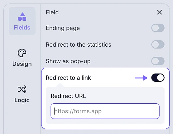 An image showing the Redirect to a link option in the Ending page settings