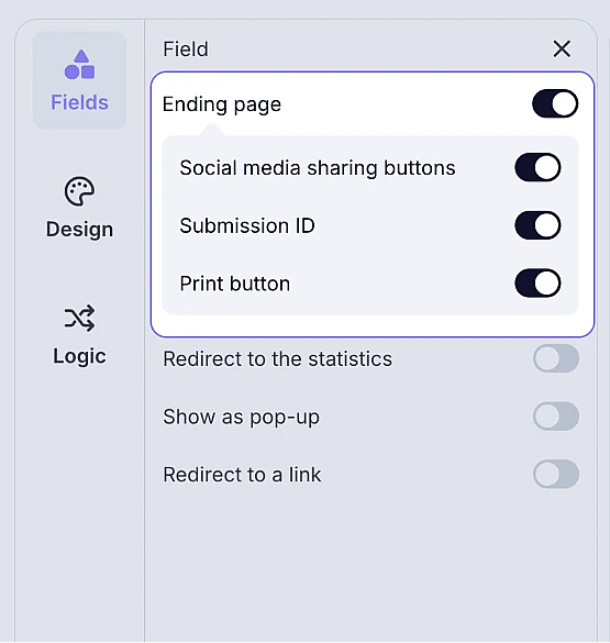 An image showing access to the Social media sharing buttons, Submission ID, and the Print button options in the Ending page settings