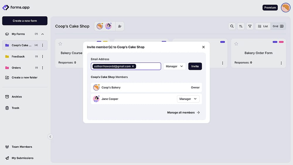 An image showing the area where you need to enter the email address of your future team member