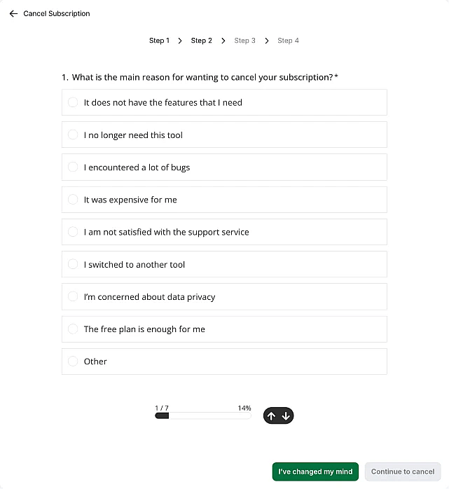 An image showing a short survey we ask you to fill out before cancelling your plan