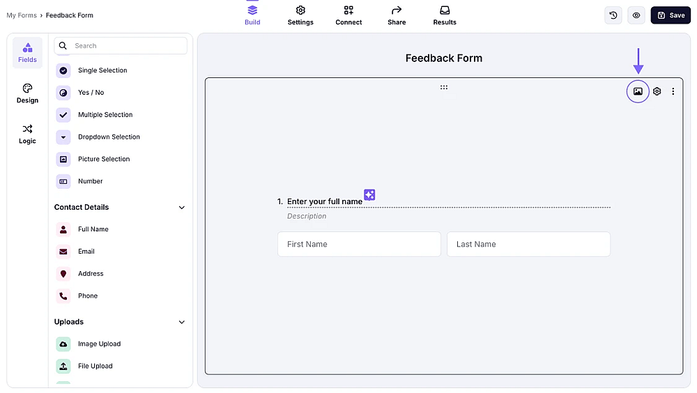 An image showing the “Image” icon, which you need to click to add media to your field