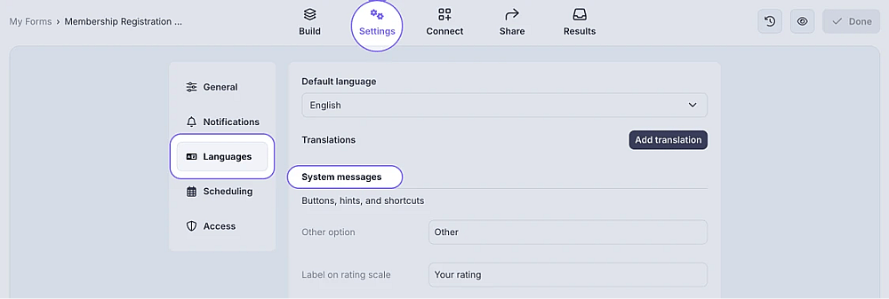An image showing how to access the System Messages area from the Settings tab