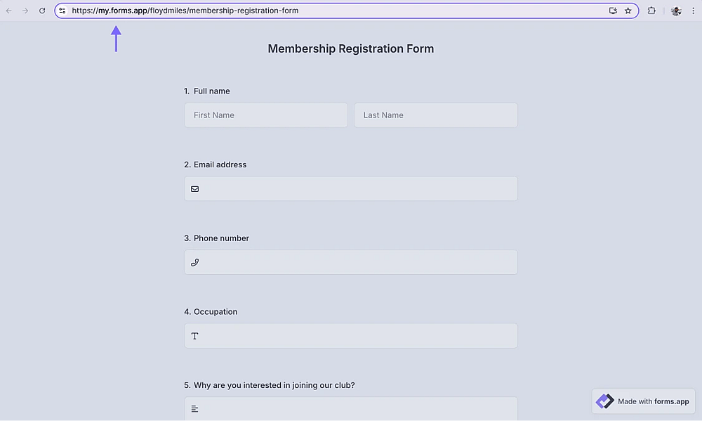 An image showing the example of the ready form URL that you edited