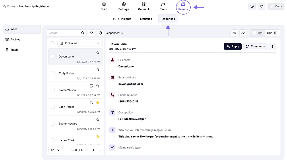 An image showing the Results section and Responses area of your form