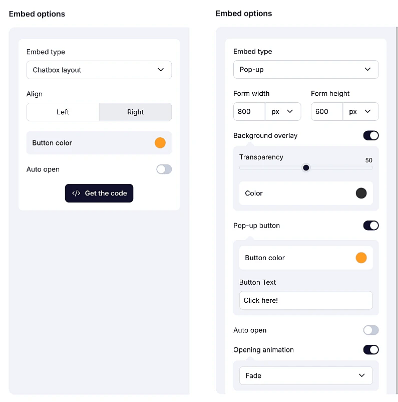 An image showing the settings you are free to adjust on the example options, like Checkbox layout and Pop-up