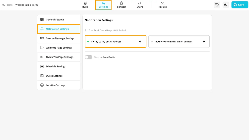 Accédez aux paramètres pour les paramètres de notification