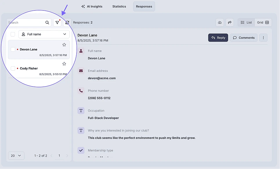 An image showing the Filter section, which you can access by pressing the button next to the search bar