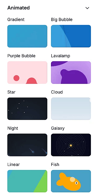 An image showing the “Animated” group of themes from the theme menu on the left