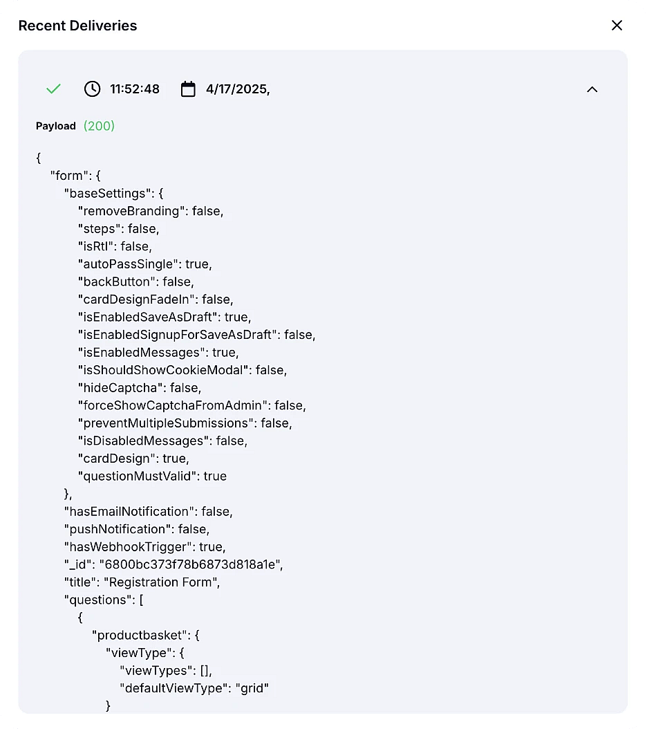 Test integration and check the data payload structure