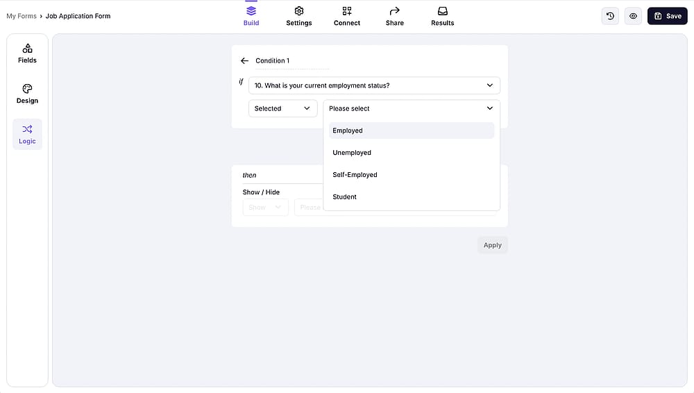 An image showing where you can select the field needed and click the conditions to set up