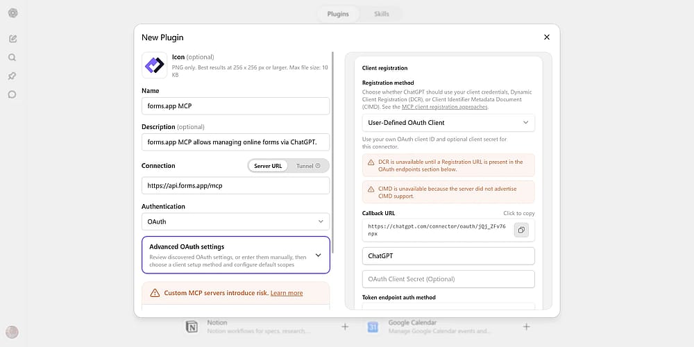 Advanced OAuth option under custom plugin settings