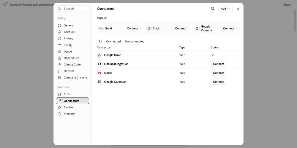 Connectors tab under Claude settings
