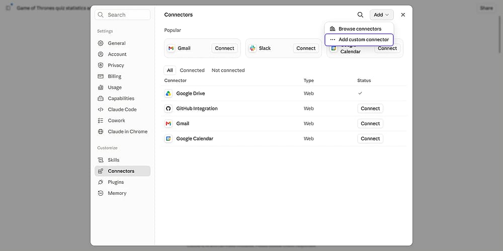 Add custom connector under Connectors