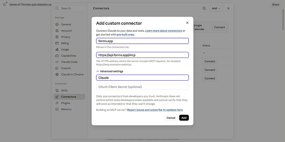 Custom connector inputs