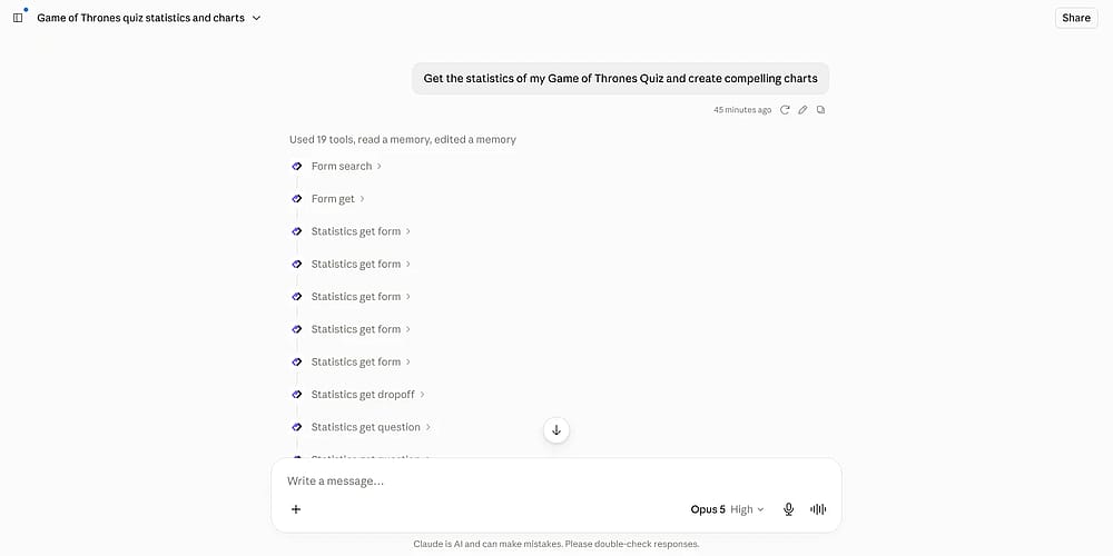 Claude using forms.app MCP to manage forms and generate reports
