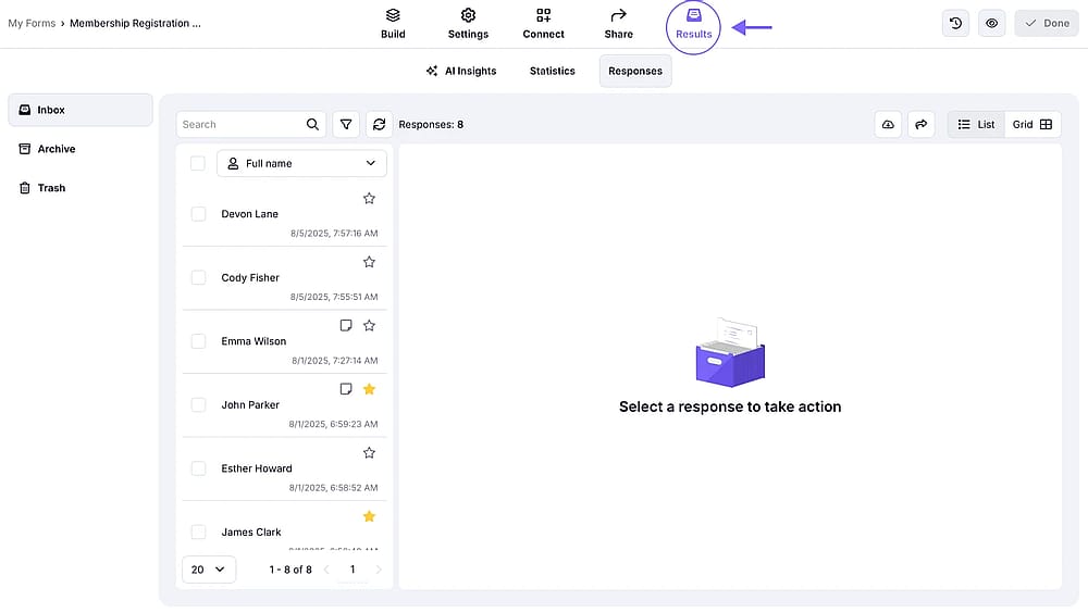 An image showing how you can access the “Results” tab after you finish editing your form