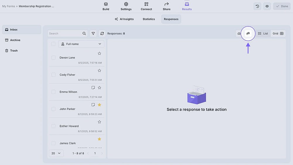 An image showing the “arrow” button, which is located in the upper right corner in the “Responses” section