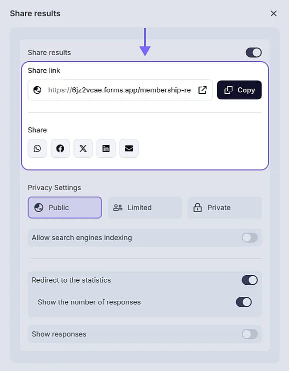 An image showing how you can share the results link by copying the URL directly or selecting the sharing options below