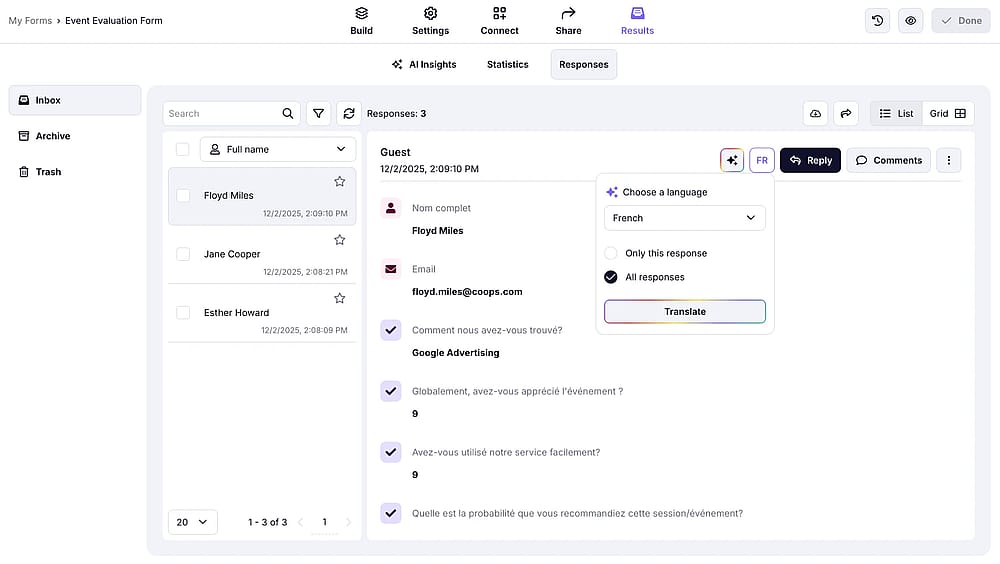 A screenshot showing the AI translation options