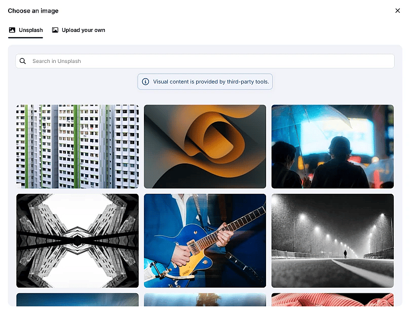 An image showing the options from Unsplash that appear and that you can choose for your background