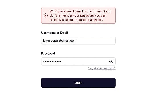 An image showing an example of a warning message when you enter the incorrect username or email address