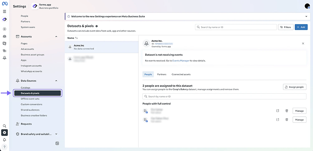 An image showing the “Meta account” interface, where you will find the “Datasets &amp; pixels” option under “Data Sources,” on the left settings menu