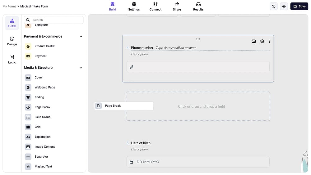 An image showing how you can find and drag&amp;drop the “Page Break” field to your form
