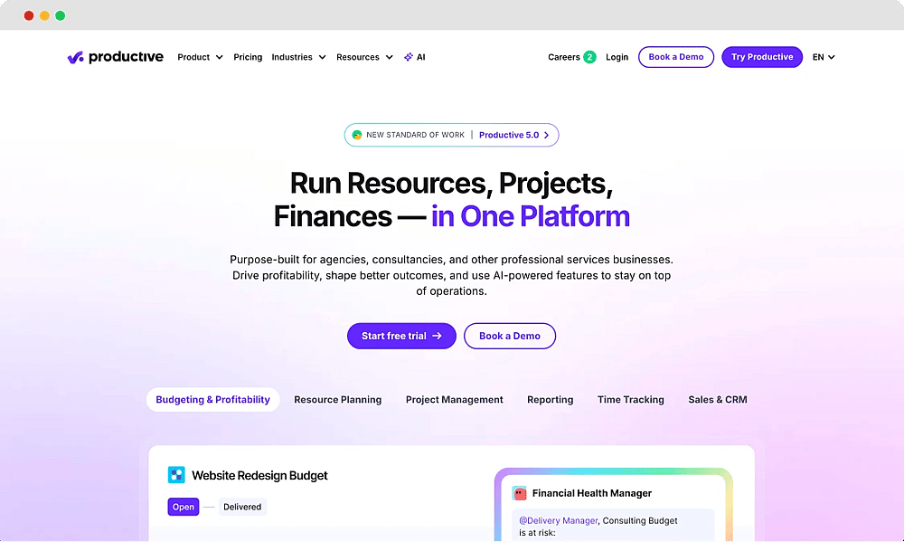 The homepage of Productive