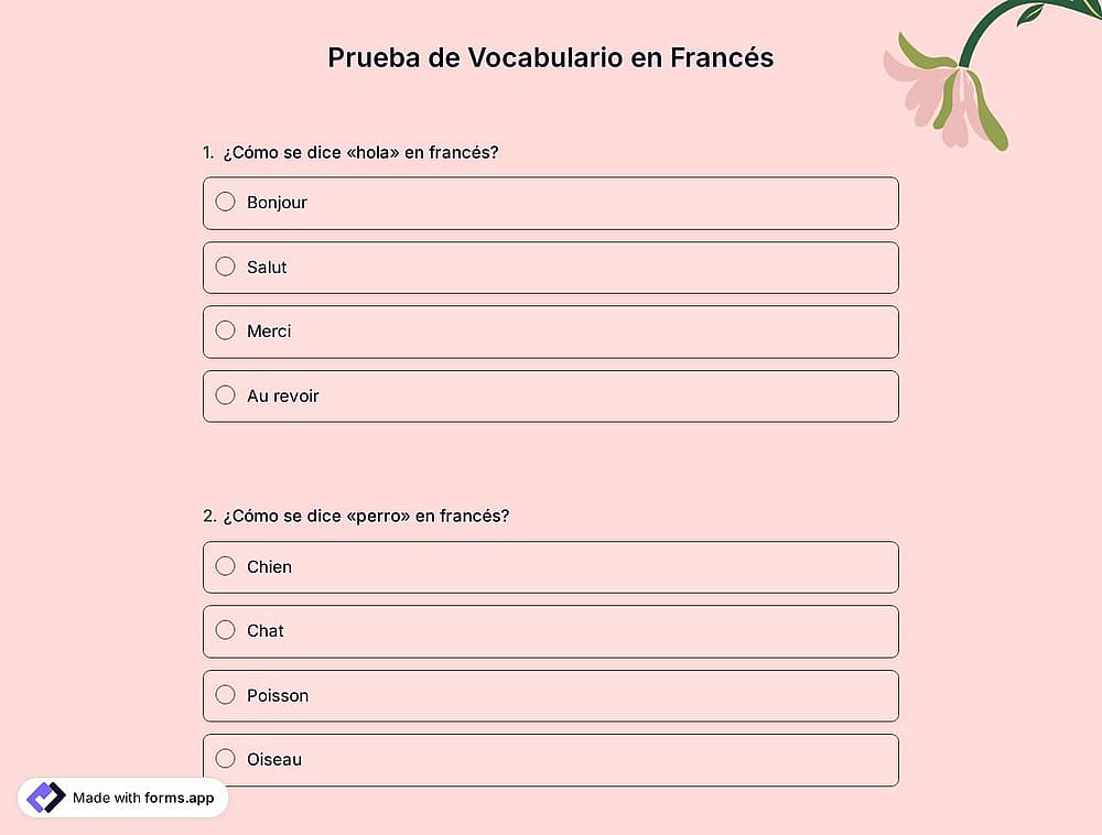 Cuestionario de Vocabulario en Francés
