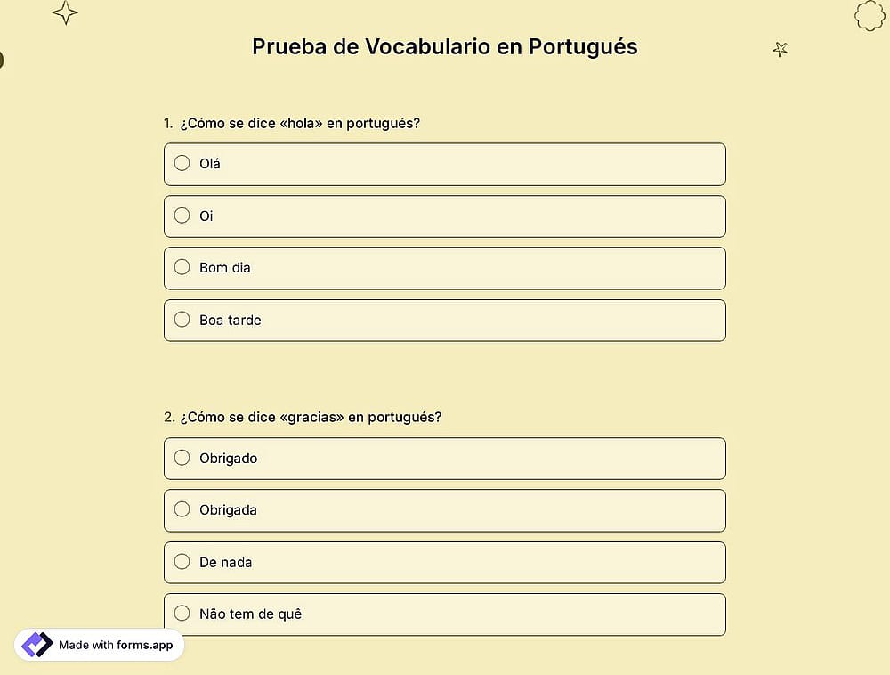 Cuestionario de Vocabulario en Portugués