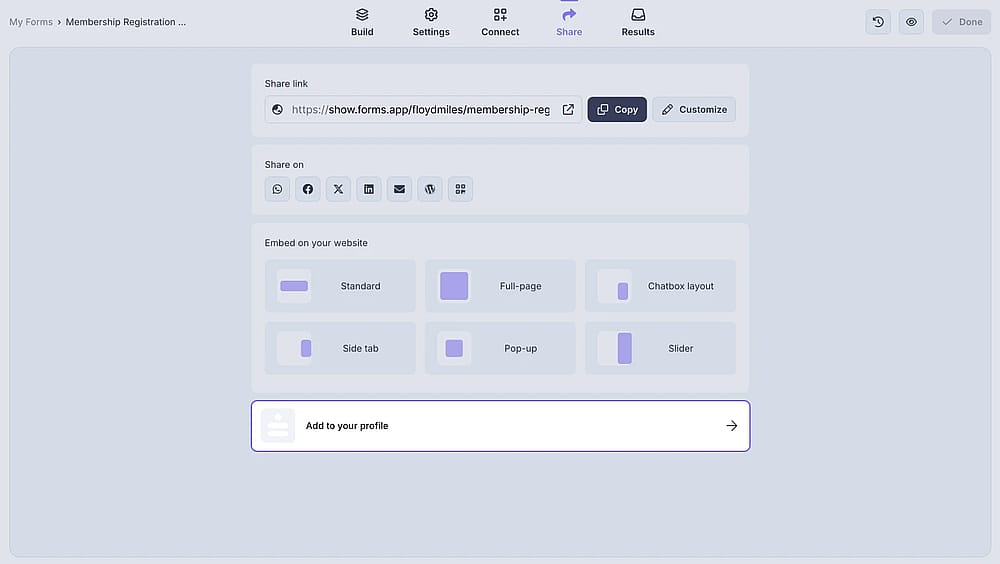 An image showing the “Add to your profile” button you need to click, in case you want to add your form to your forms.app profile
